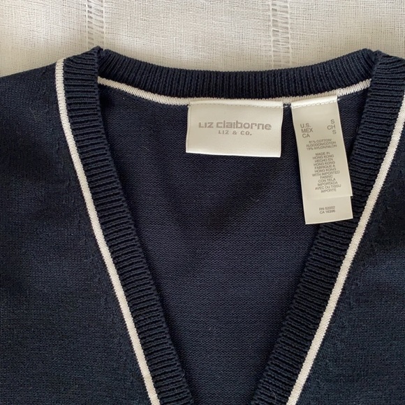 Dark Navy with white piping Liz Claiborne cardigan. - Picture 2 of 10